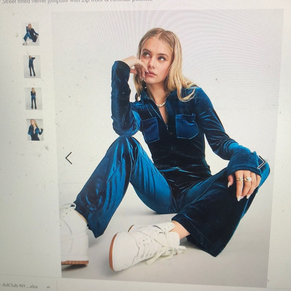 ASOS daisy street fitted velvet jumpsuit with zip front & contrast pockets.
